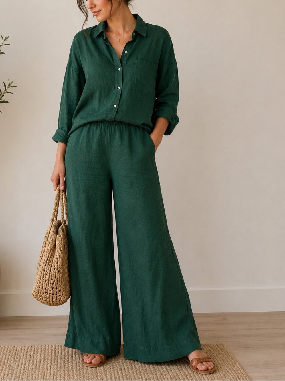Oysho Green Button-Up Linen Top and Elastic Waist Pants Set